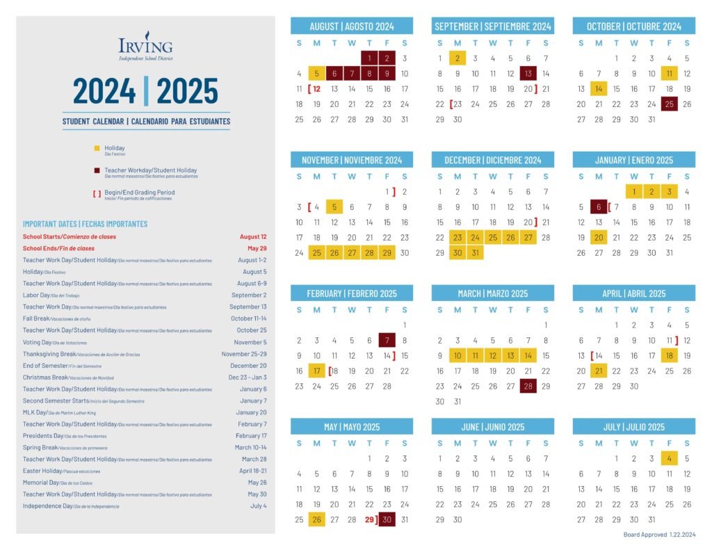 irving isd school calendar 24-25