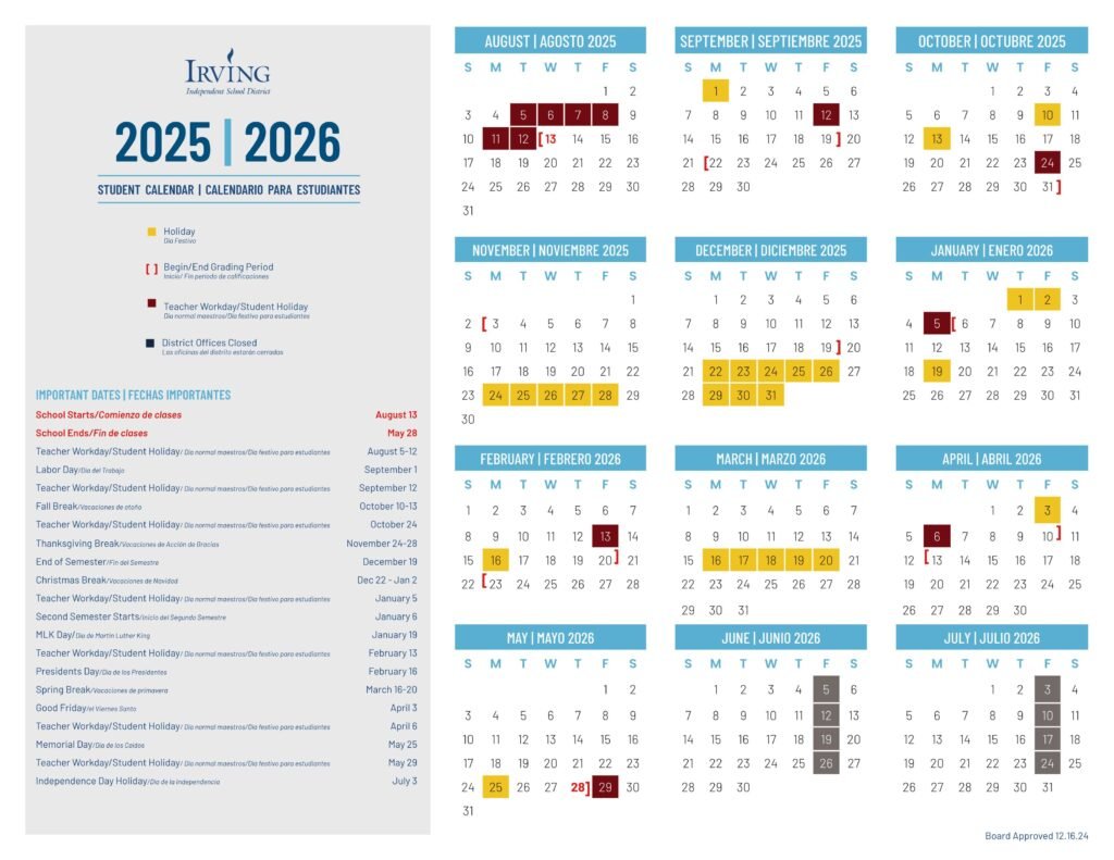 irving isd school calendar 25-26