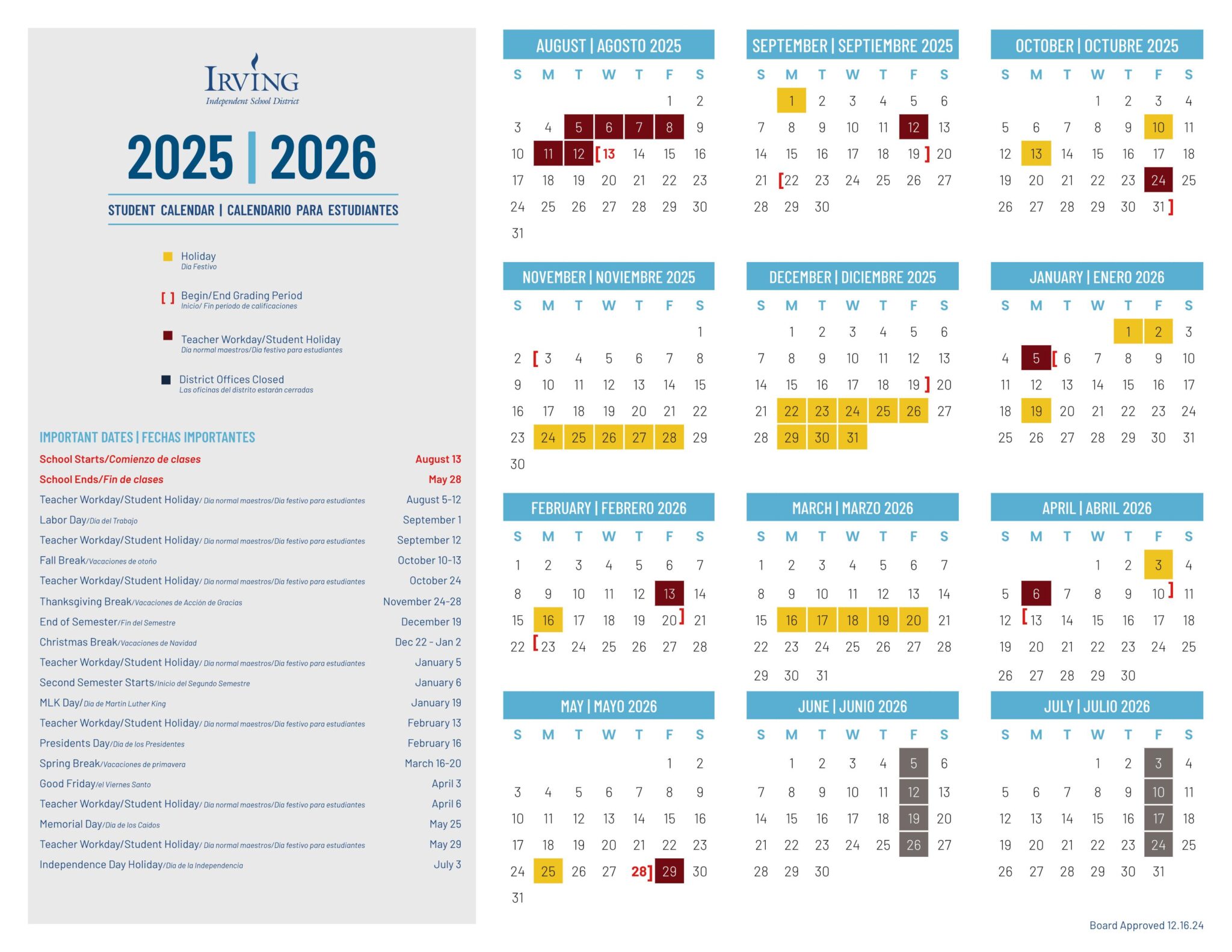 Irving ISD School District Calendar 2526 [PDF] EduCounty