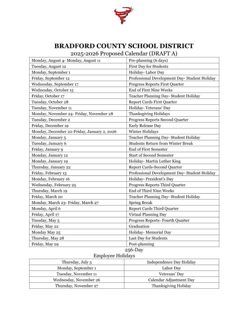 Bradford County schools calendar 25-26