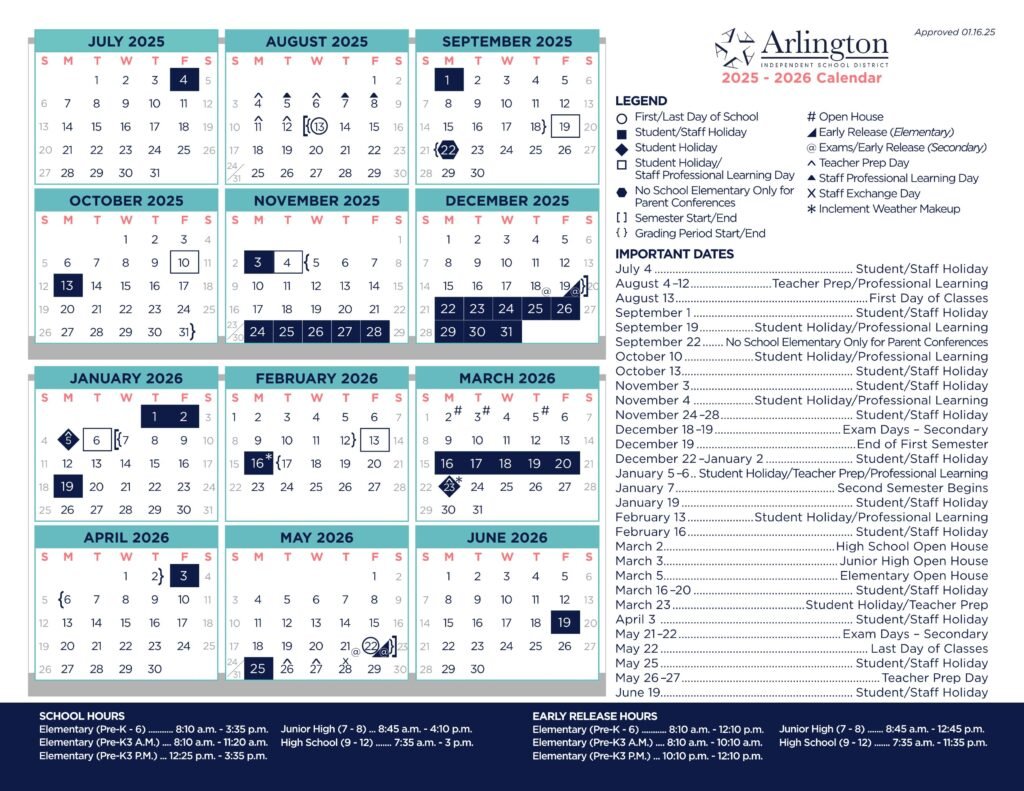 Arlington isd school calendar 25-26