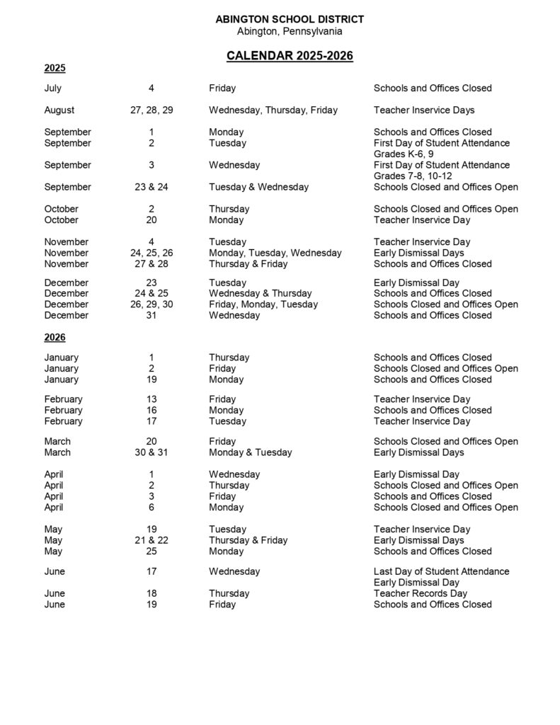 Abington School District Calendar 2526 [PDF] Revised EduCounty