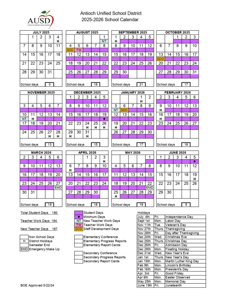 Antioch Unified USD School Calendar 25 26 PDF EduCounty