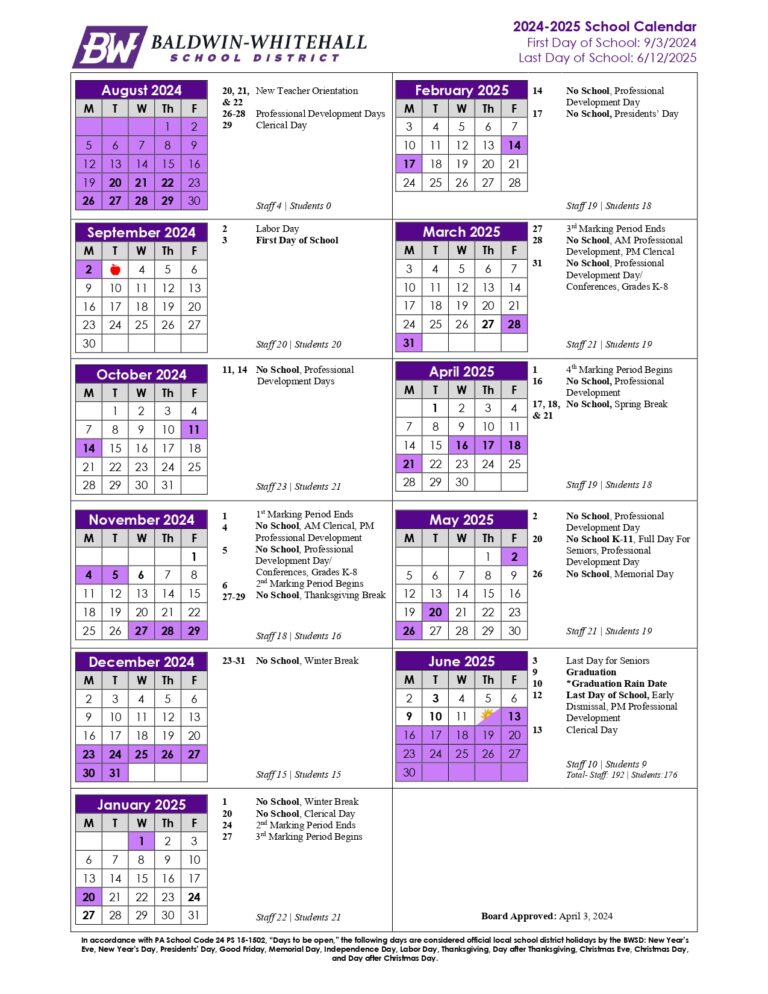 BaldwinWhitehall School District Calendar 2425 revised [pdf] EduCounty