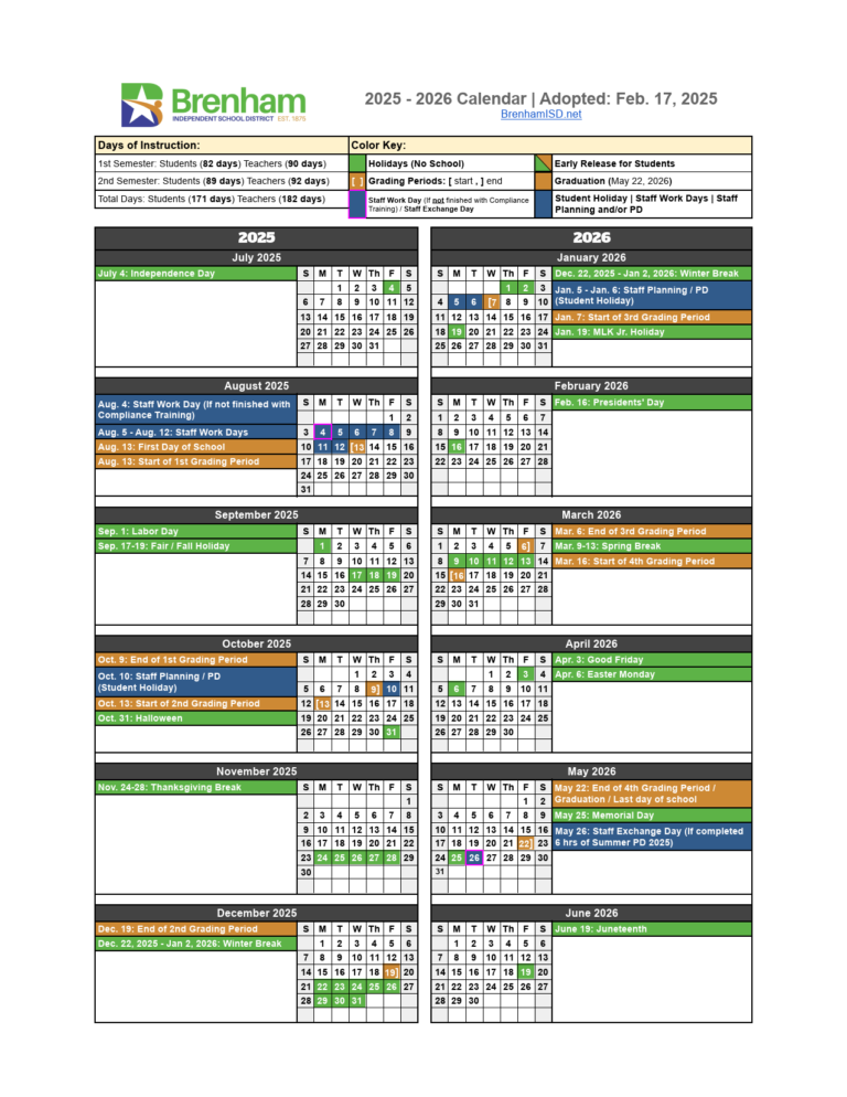 Brenham ISD School Calendar 25 26 PDF revised EduCounty