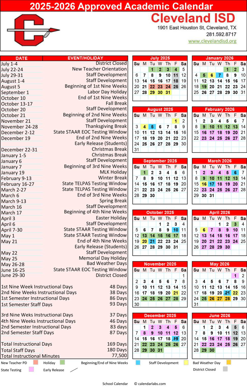 Cleveland ISD School Calendar 25 26 revised PDF EduCounty