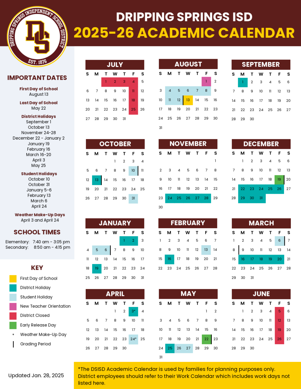 Dripping Springs ISD School Calendar 2526 [PDF] EduCounty