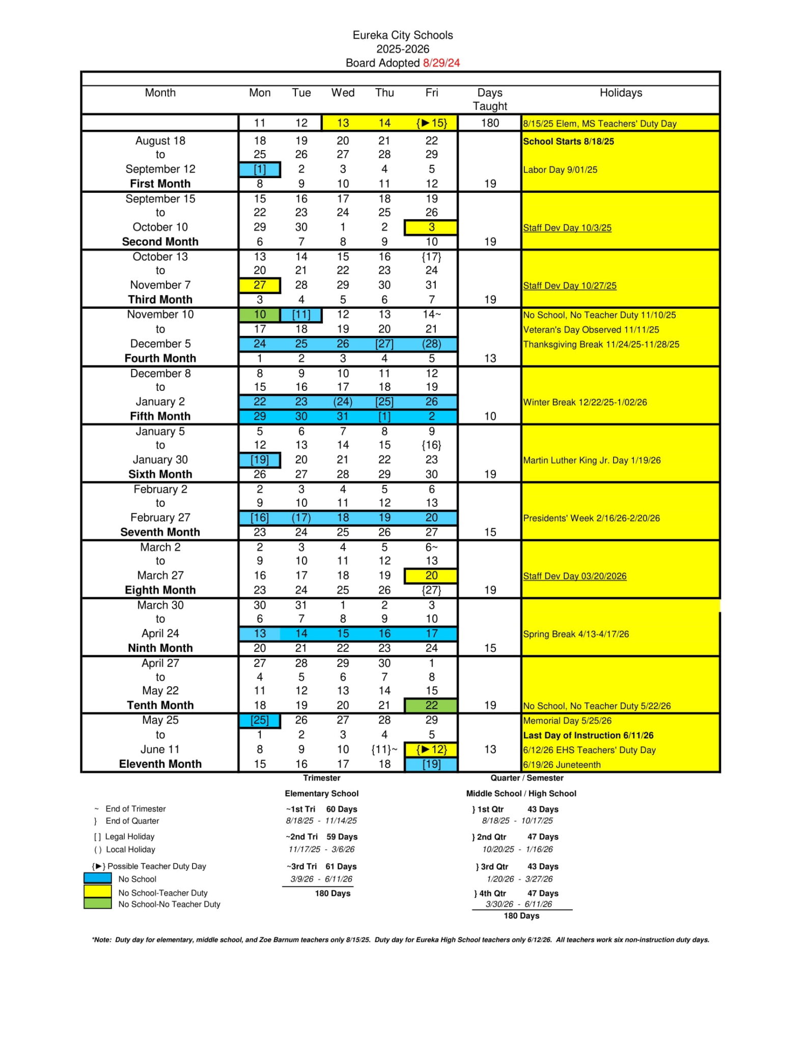 Eureka City Schools Calendar 25 26 PDF revised EduCounty