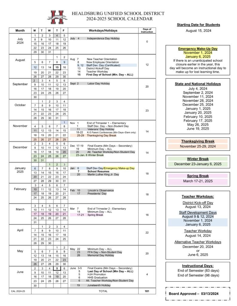 healdsburg usd unified school district calendar