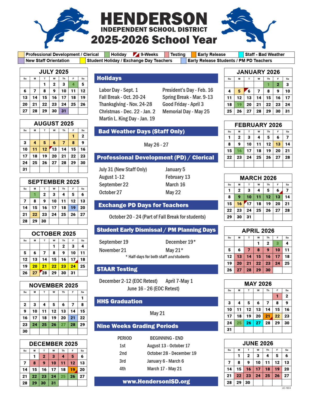 HENDERSON ISD School Calendar 25 26 PDF revised EduCounty