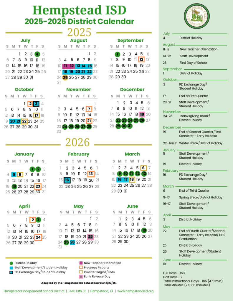 Hempstead ISD School Calendar 25-26Hempstead ISD School Calendar 25-26