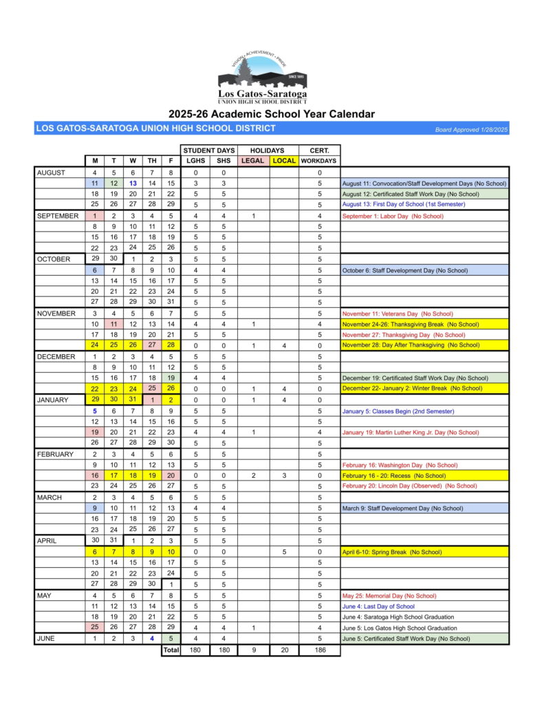Los GatosSaratoga Union High School District Calendar 2526 [PDF