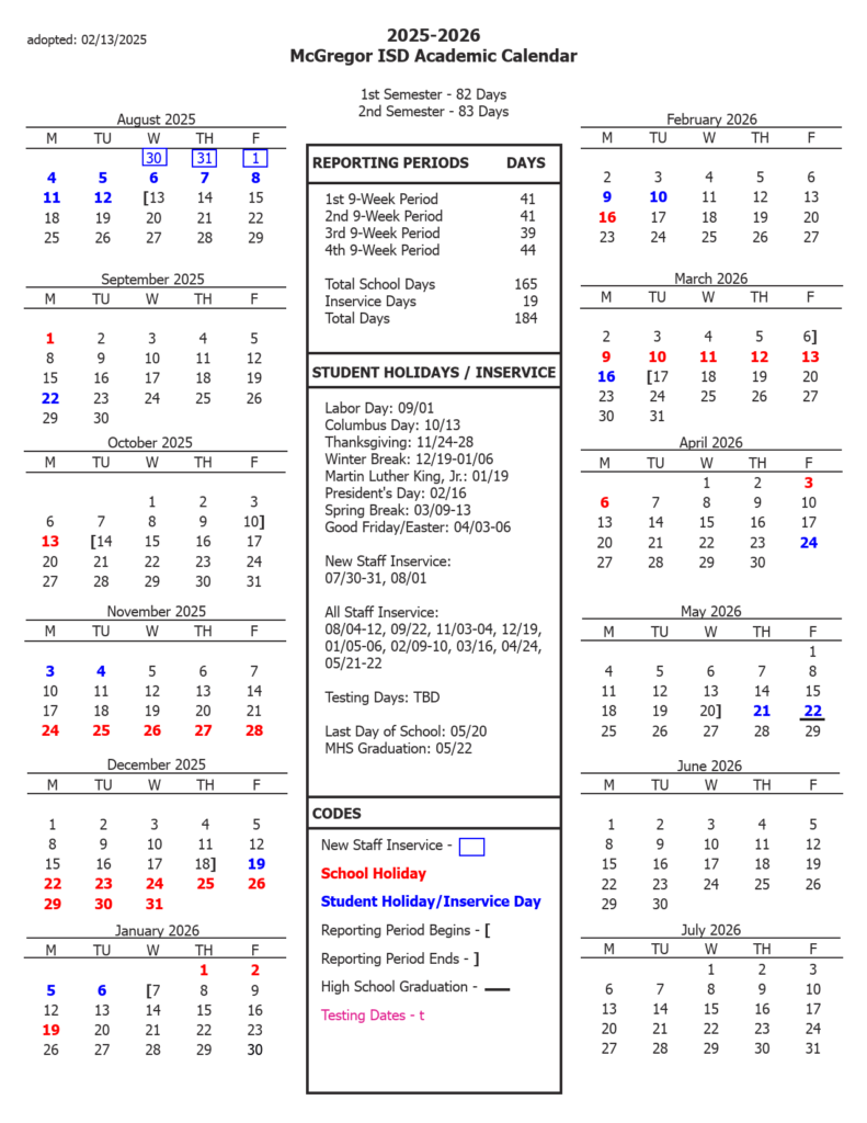 MCGREGOR ISD School Calendar 25 26 pdf EduCounty