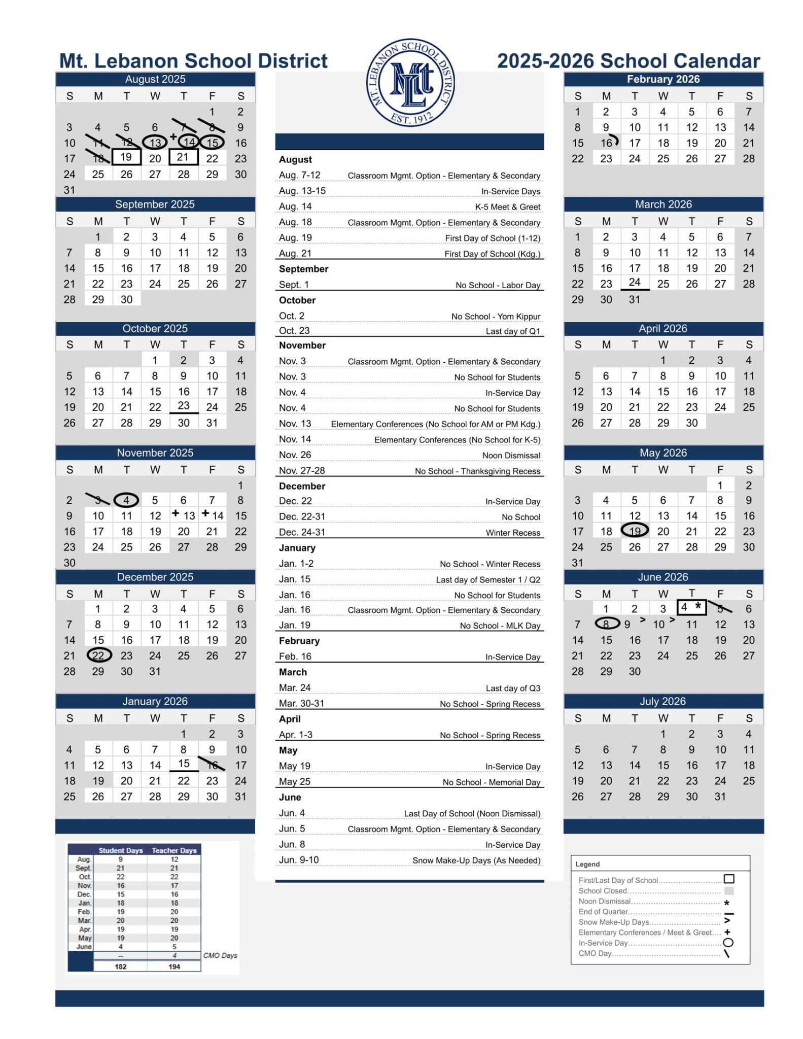 Mt. Lebanon School District Calendar 2526 [PDF] Revised EduCounty