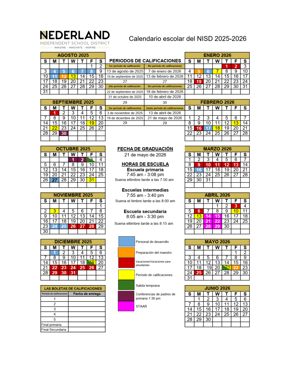 Nederland ISD School Calendar 25 26 PDF EduCounty