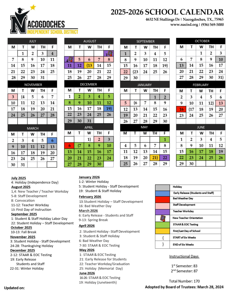 Nacogdoches ISD School Calendar 25 26 PDF EduCounty Nacogdoches ISD School Calendar 25 26 PDF EduCounty