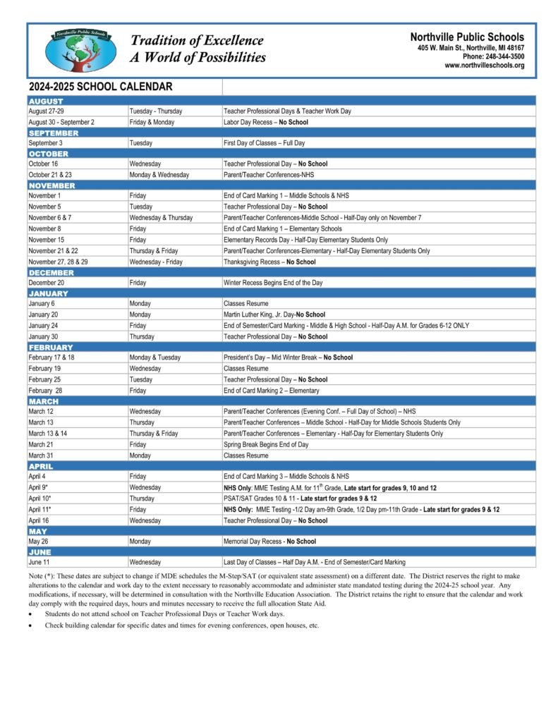 Northville Public Schools Calendar 24-25