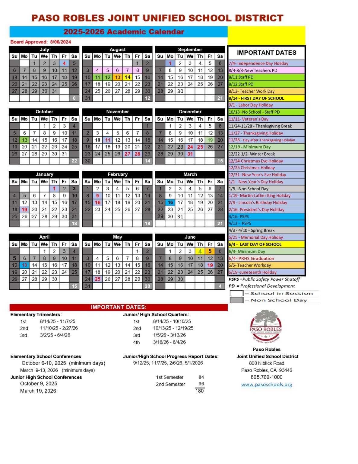 Paso Robles Joint Unified School District Calendar 2526 [PDF] REVISED