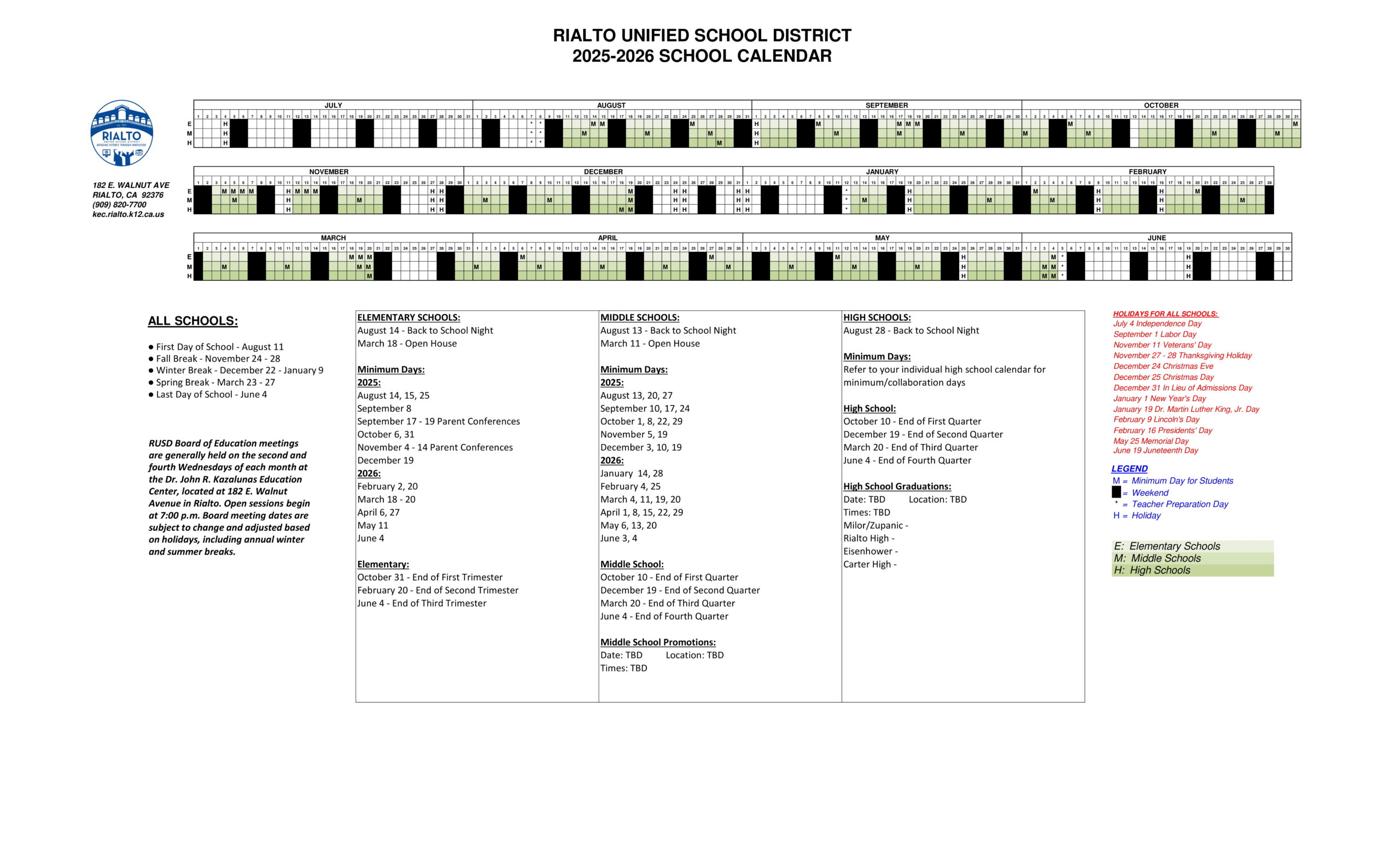 Rialto School Calendar 25 26