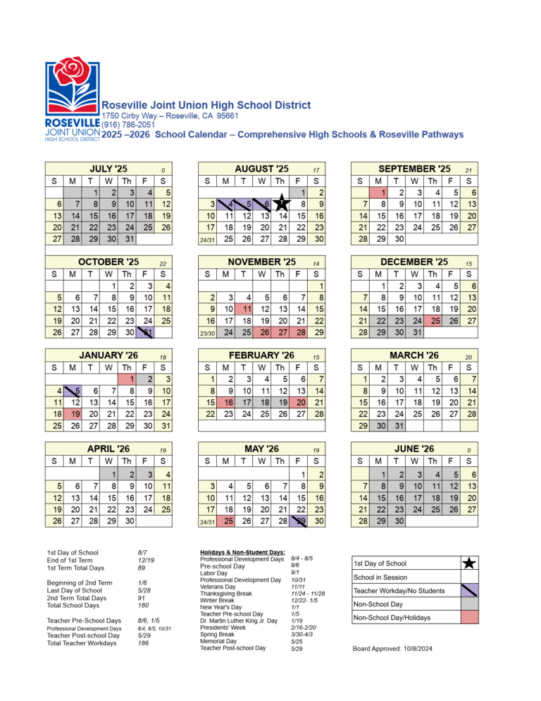 Roseville Joint Union High School District Calendar 25 26 PDF EduCounty Roseville Joint Union High School District Calendar 25 26 PDF EduCounty