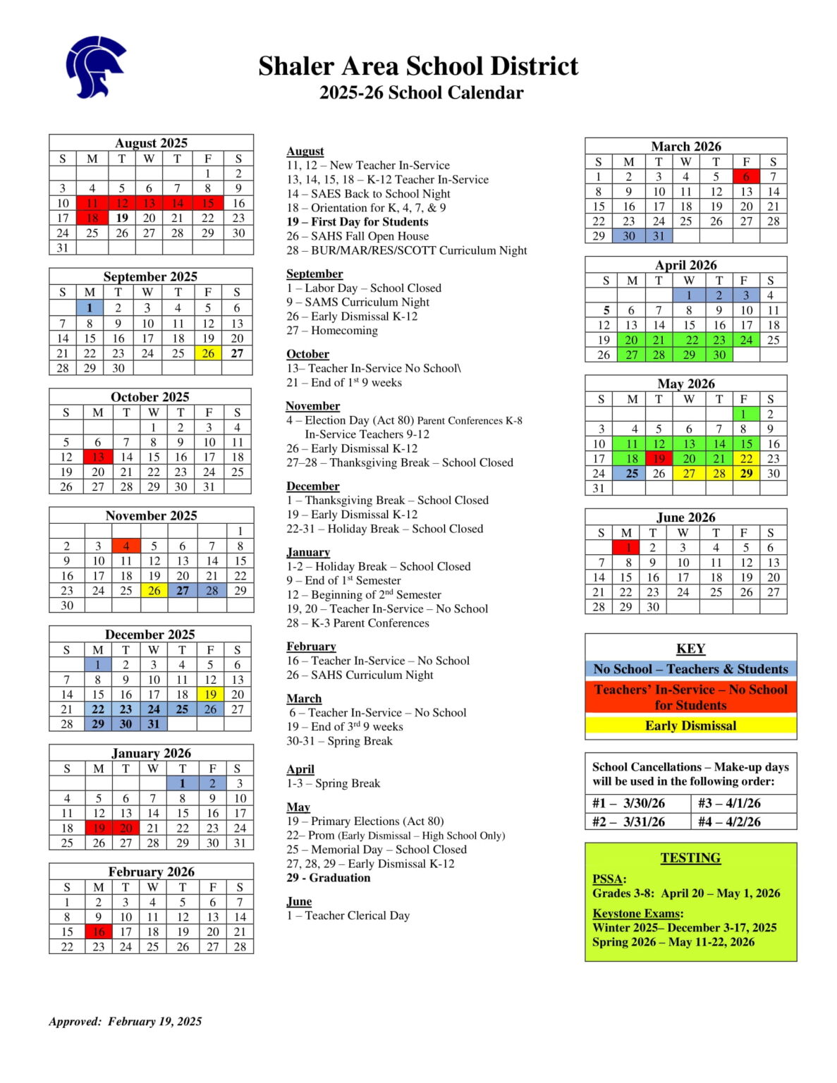 Shaler Area School SASD Calendar 2526 Revised EduCounty