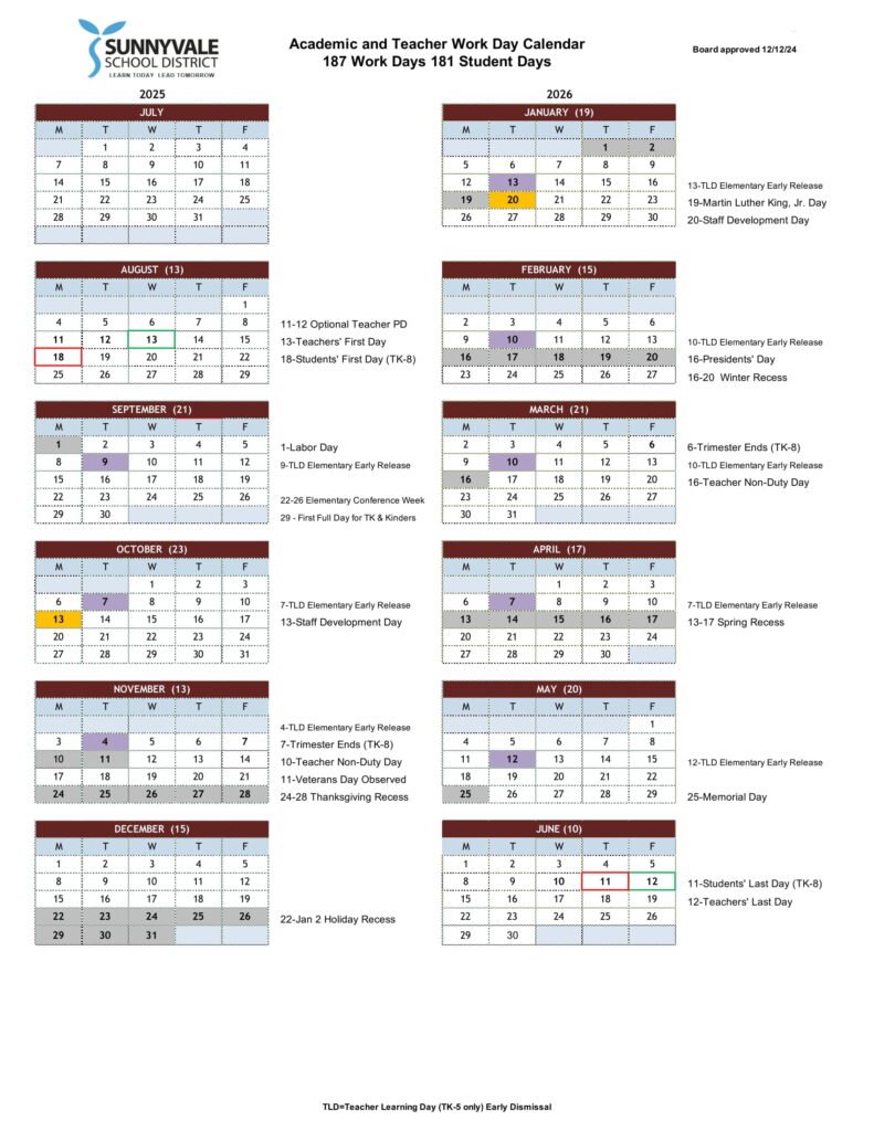 Sunnyvale School District Calendar 25-26