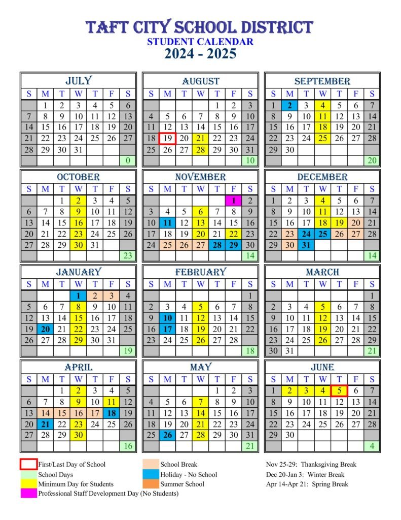 Taft City School District Calendar 25-26