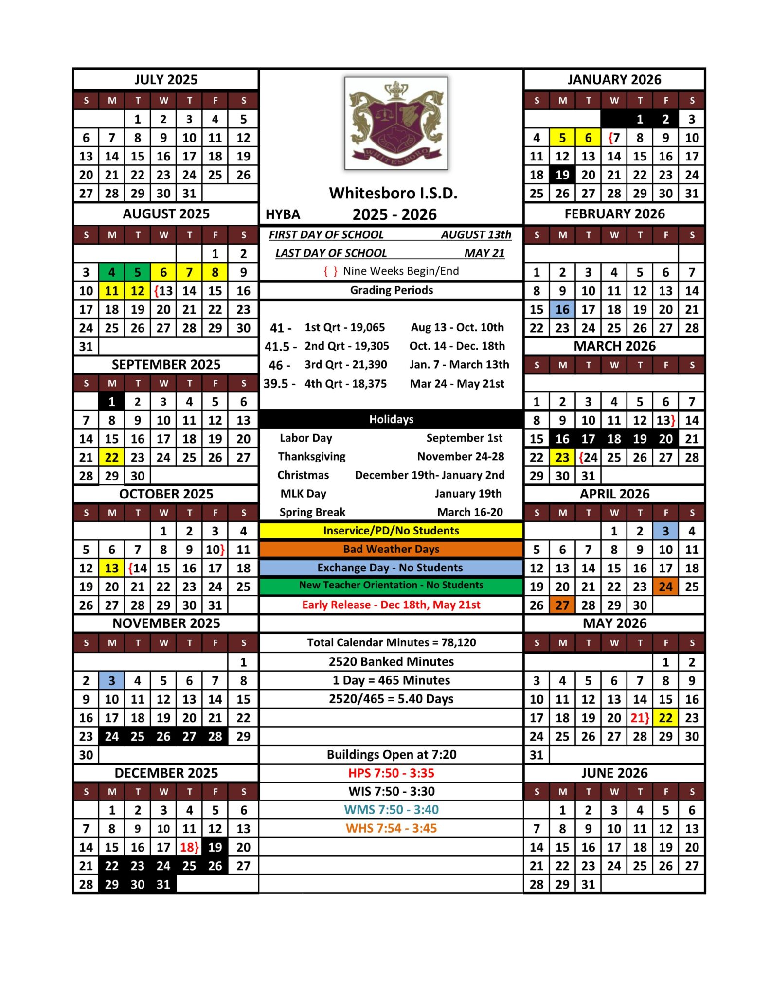 Whitesboro ISD School Calendar 25 26 pdf Revised EduCounty