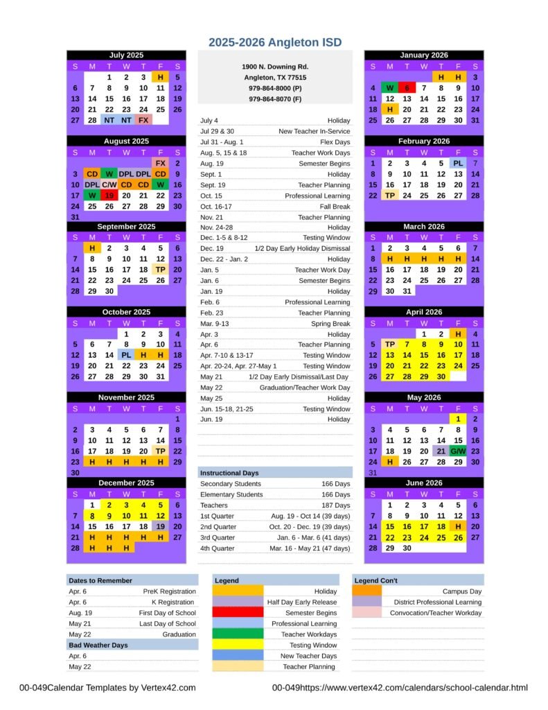 ANGLETON ISD SCHOOL CALENDAR 25-26