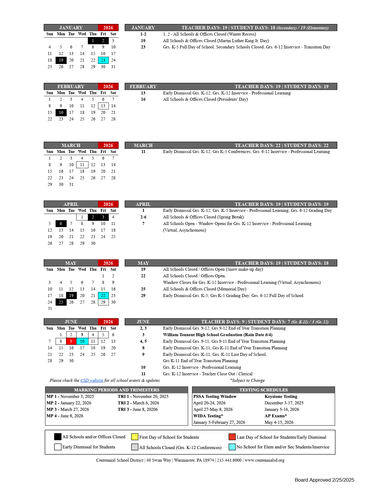 Centennial School District Calendar 25 26 PDF revised EduCounty