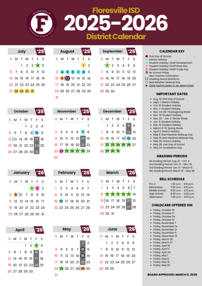 Floresville FISD School Calendar 25 26 PDF EduCounty Floresville FISD School Calendar 25 26 PDF EduCounty