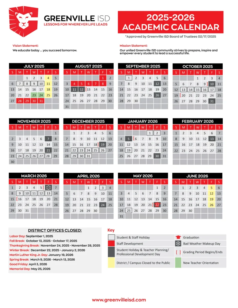 Greenville ISD School Calendar 2526 [PDF] REVISED EduCounty