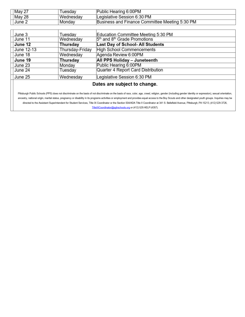Pittsburgh Public Schools Calendar 2425 [PDF] revised EduCounty