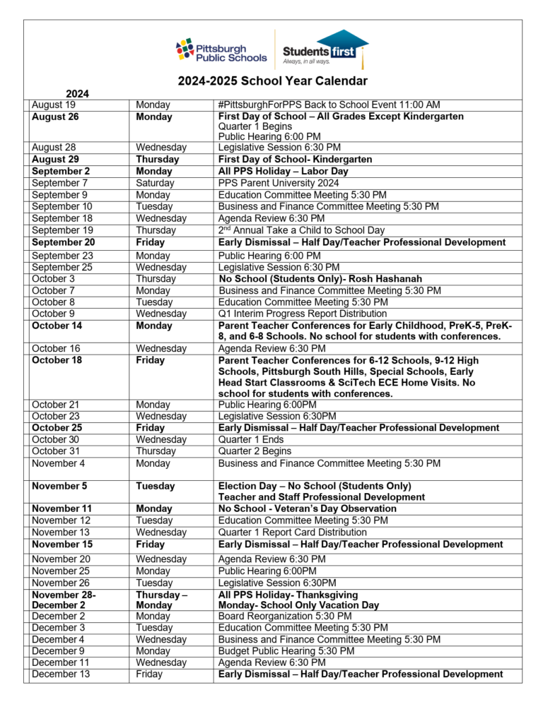 Pittsburgh Public Schools Calendar 2425 [PDF] revised EduCounty