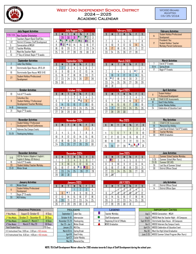 west oso isd school calendar 24-25