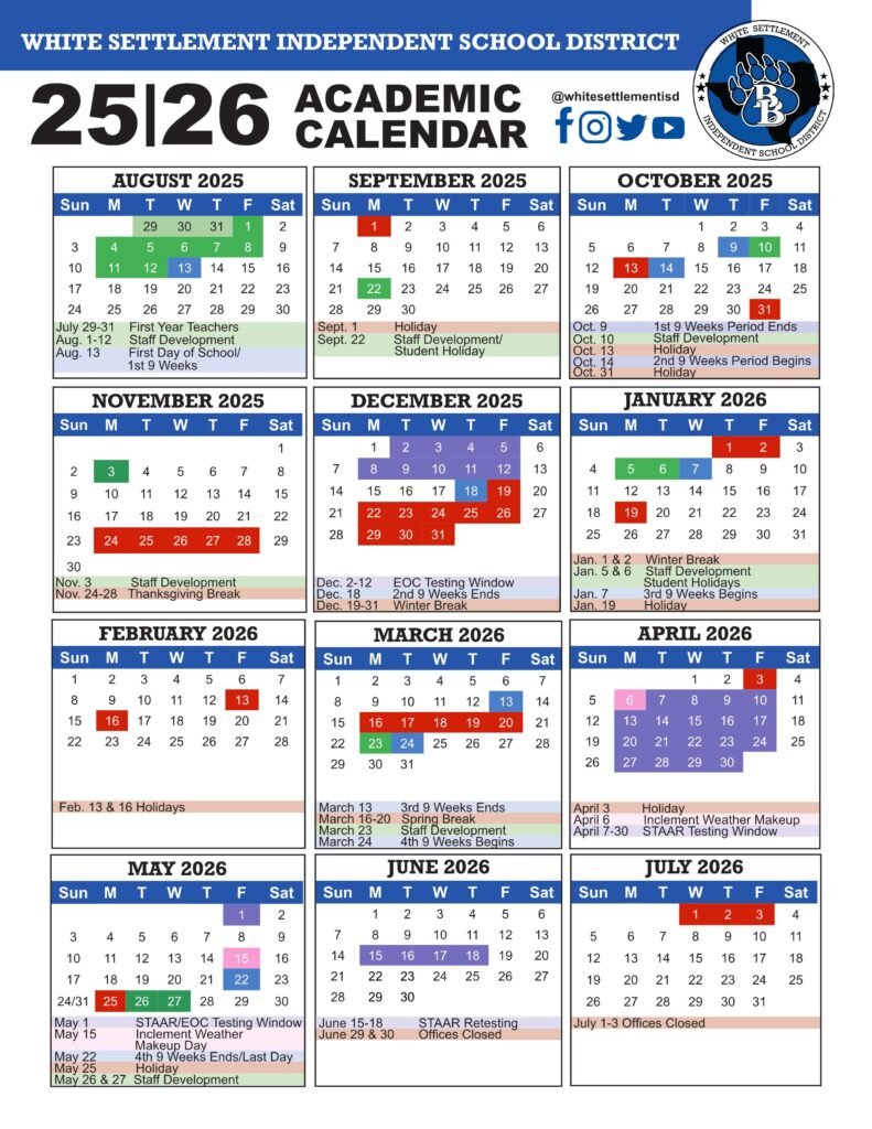 white settlement isd school calendar 25-26