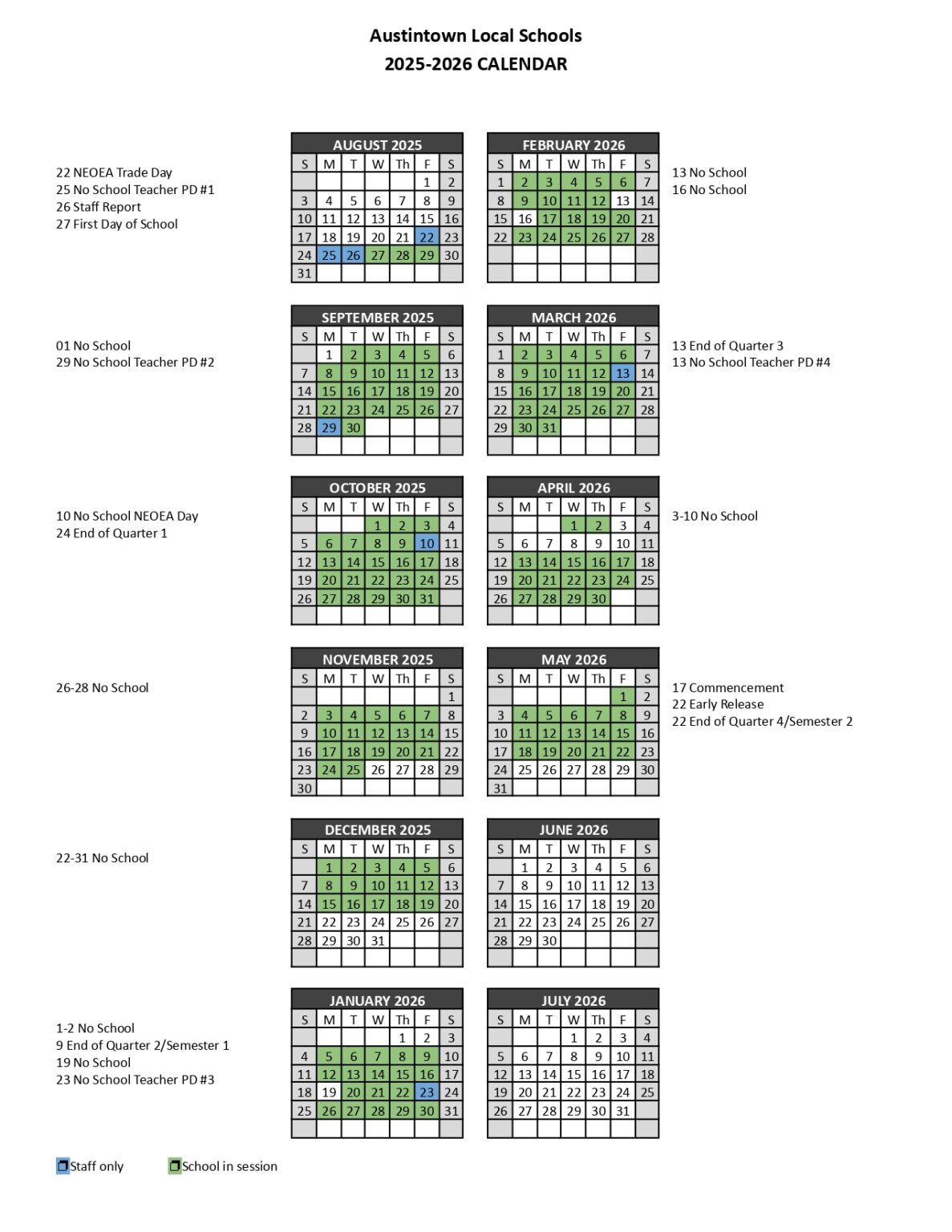 Austintown Local Schools Calendar 25 26 Revised PDF EduCounty