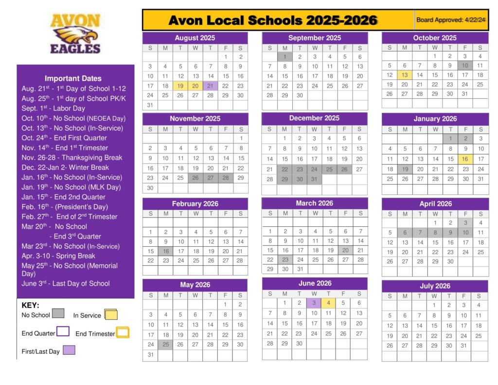 Avon Local Schools calendar 25-26