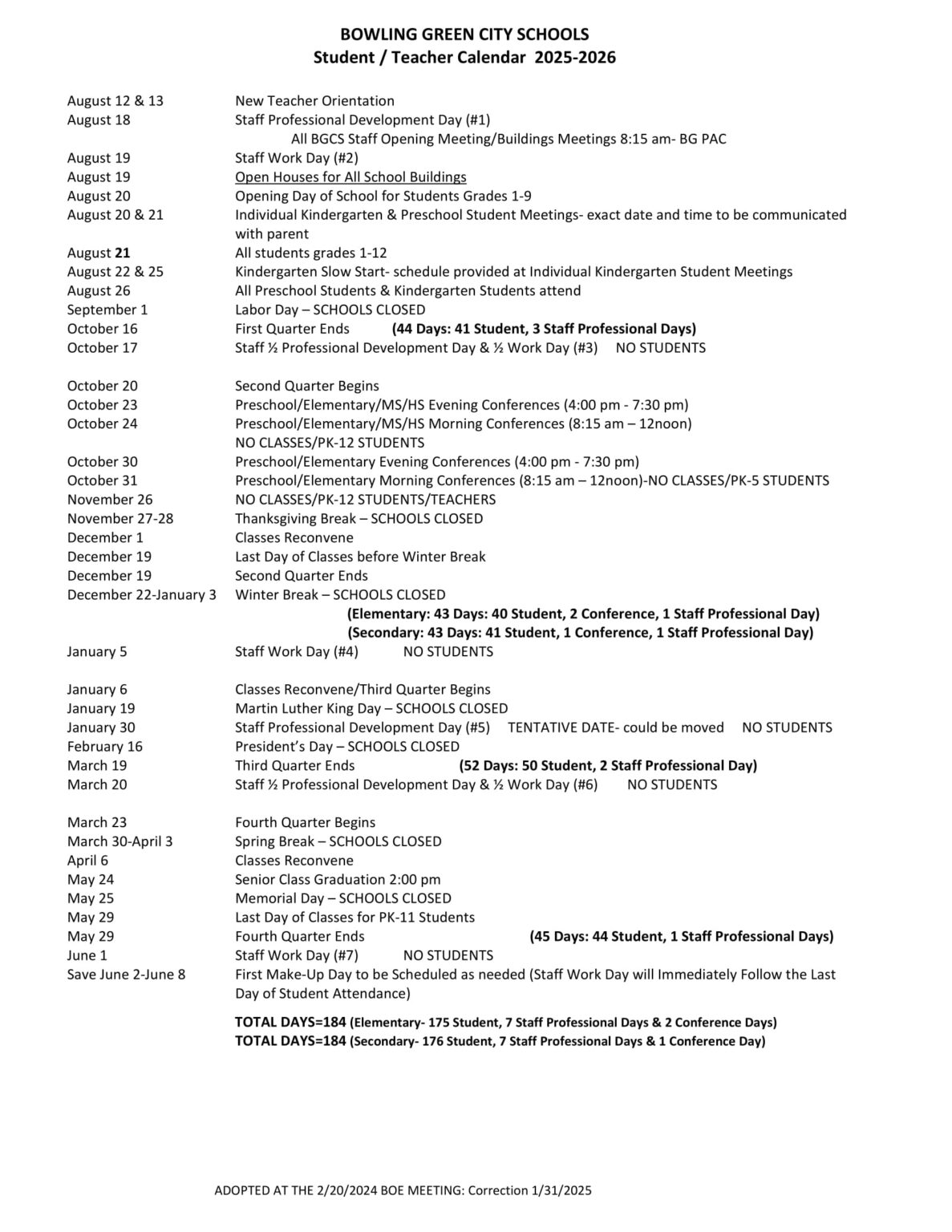 Bowling Green City Schools Calendar Bowling Green City Schools Calendar