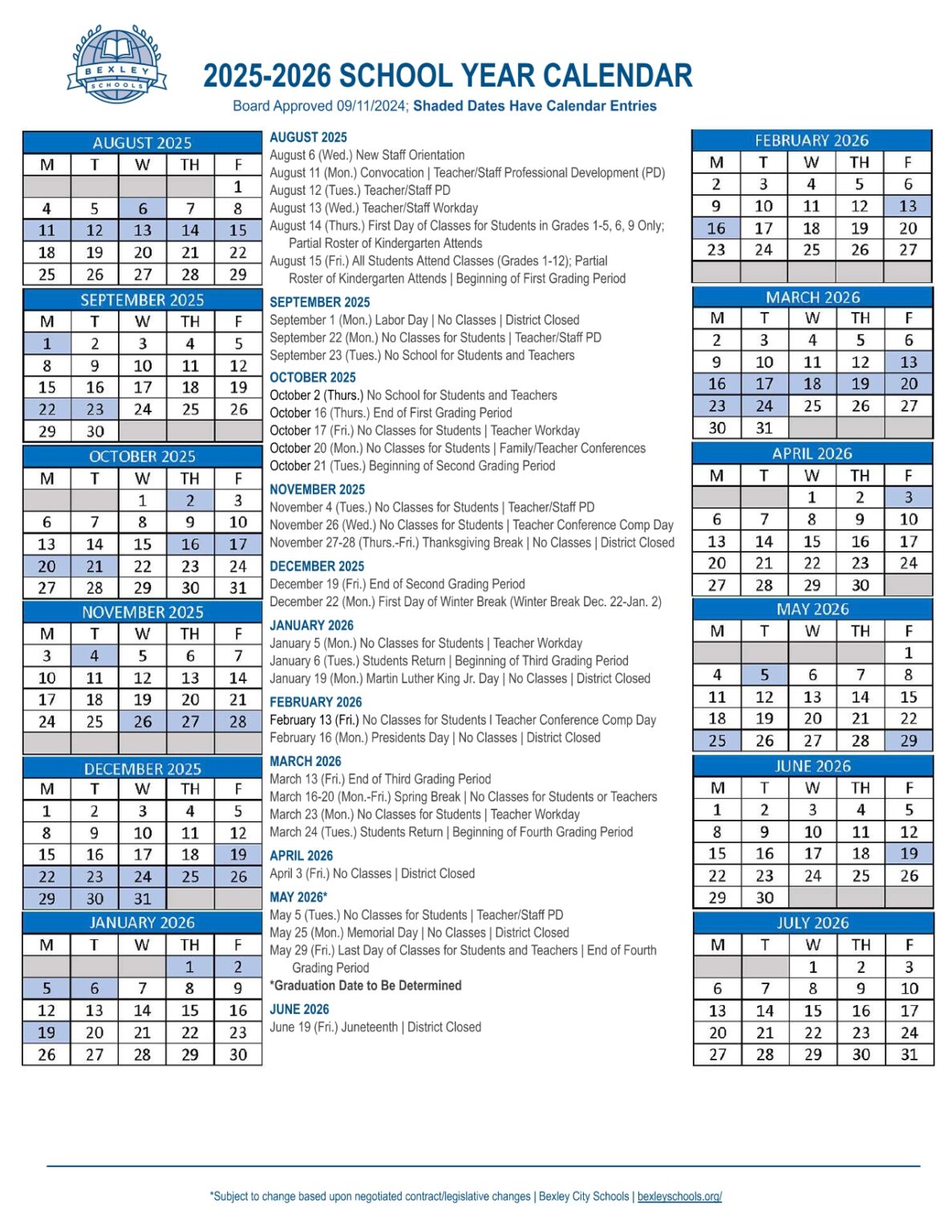 Bexley City schools Calendar Revised 25 26 PDF EduCounty