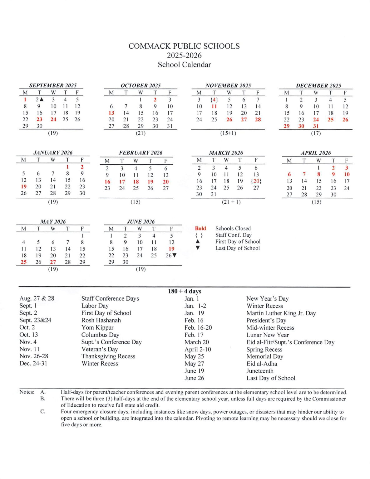 Commack Public Schools Calendar 25 26 pdf revised EduCounty