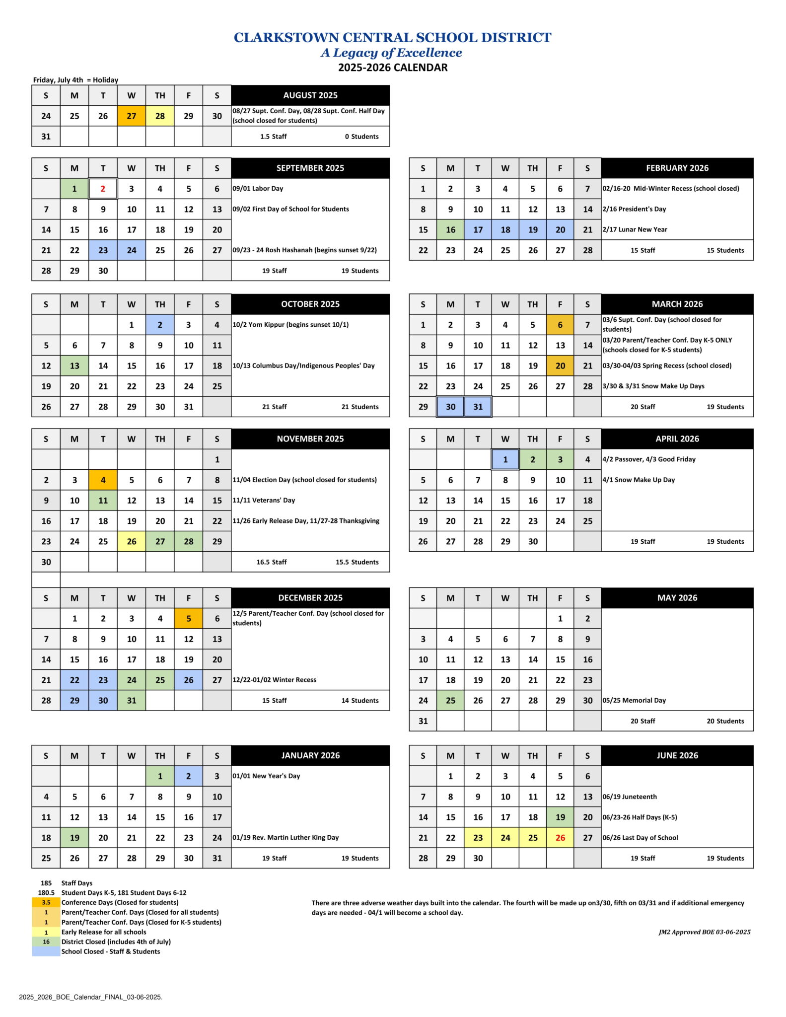 Clarkstown Central School District Calendar 25 26 revised EduCounty