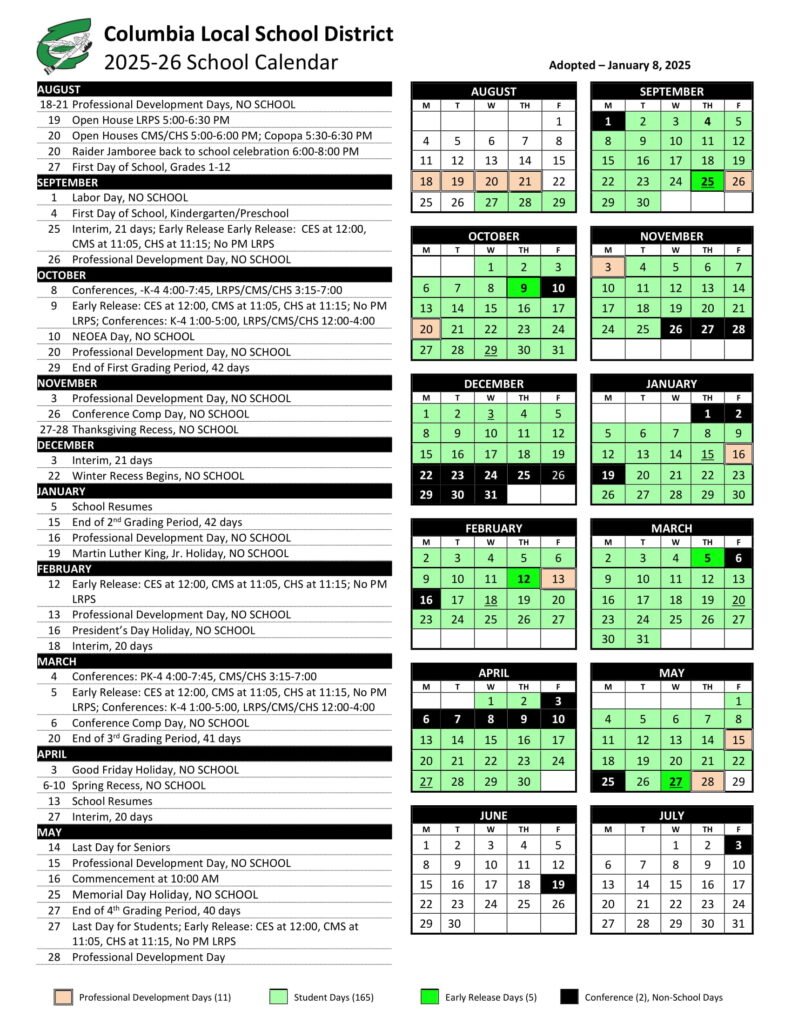 Columbia Local School District calendar 25-26