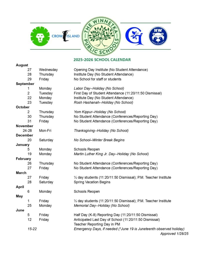 Crow island school district Calendar