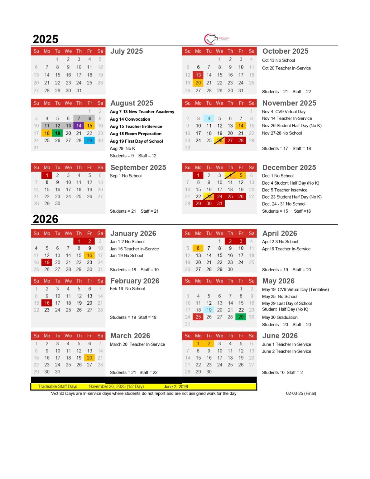 Cumberland Valley School District Calendar 25 26 PDF revised EduCounty