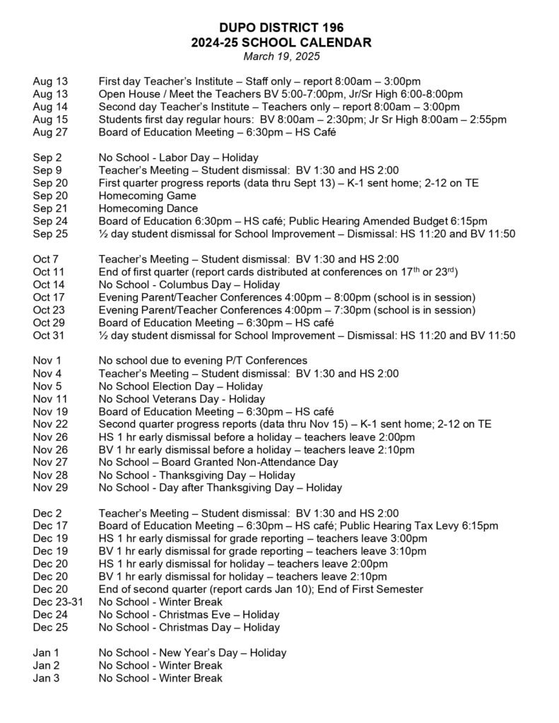 Dupo district 196 calendar