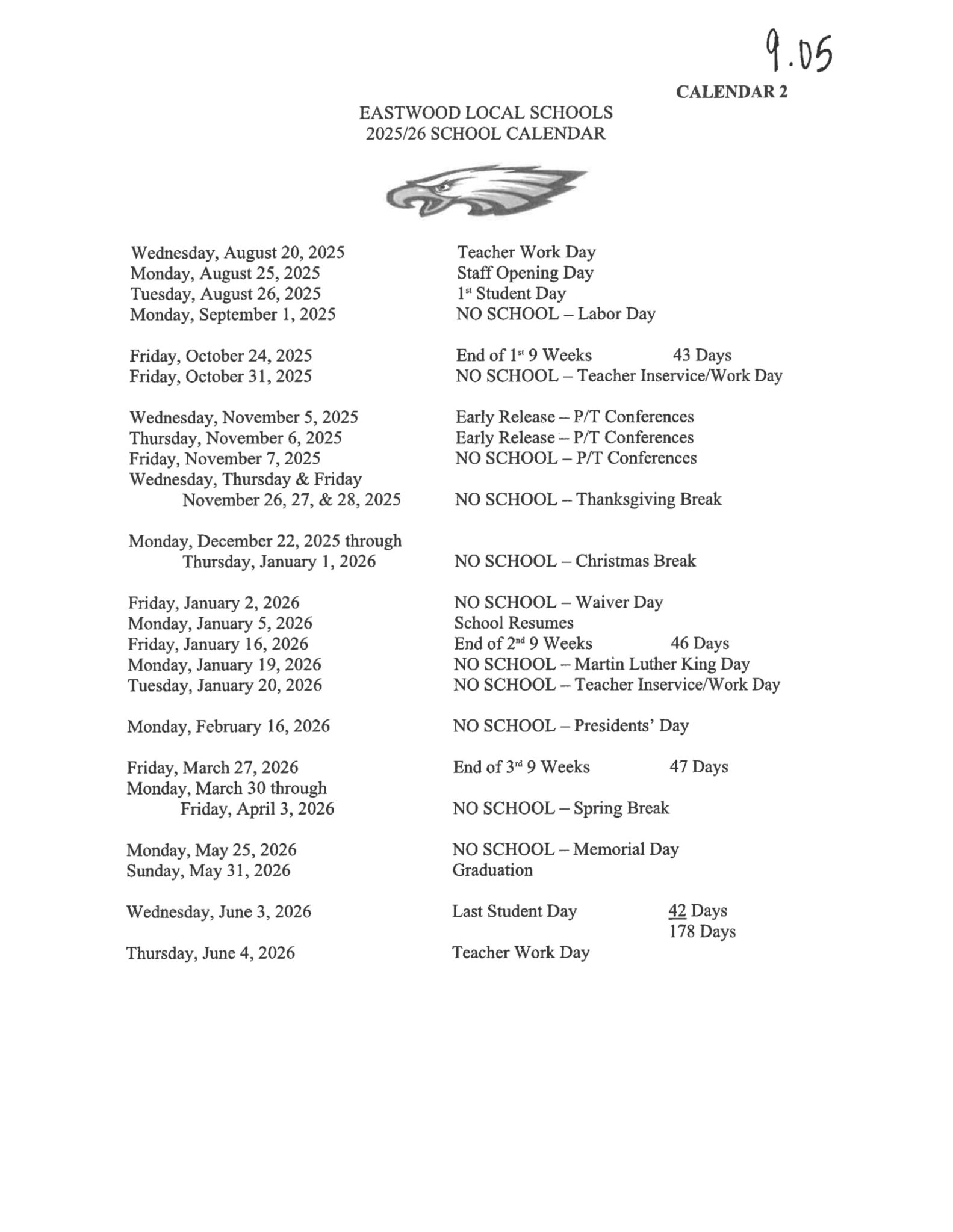 Eastwood local schools 25 26 Calendar PDF Revised EduCounty