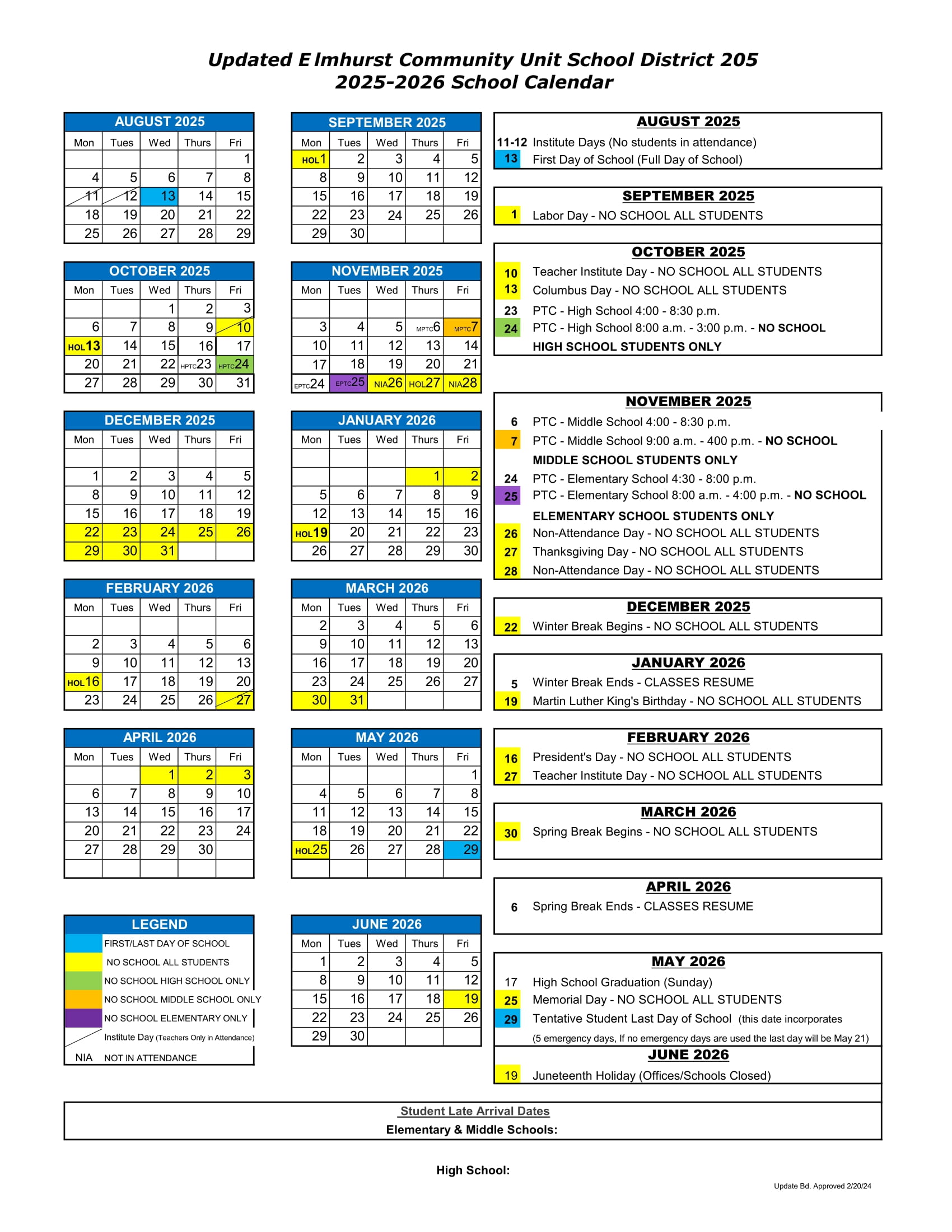 Elmhurst District 205 calendar 25 26 PDF revised EduCounty
