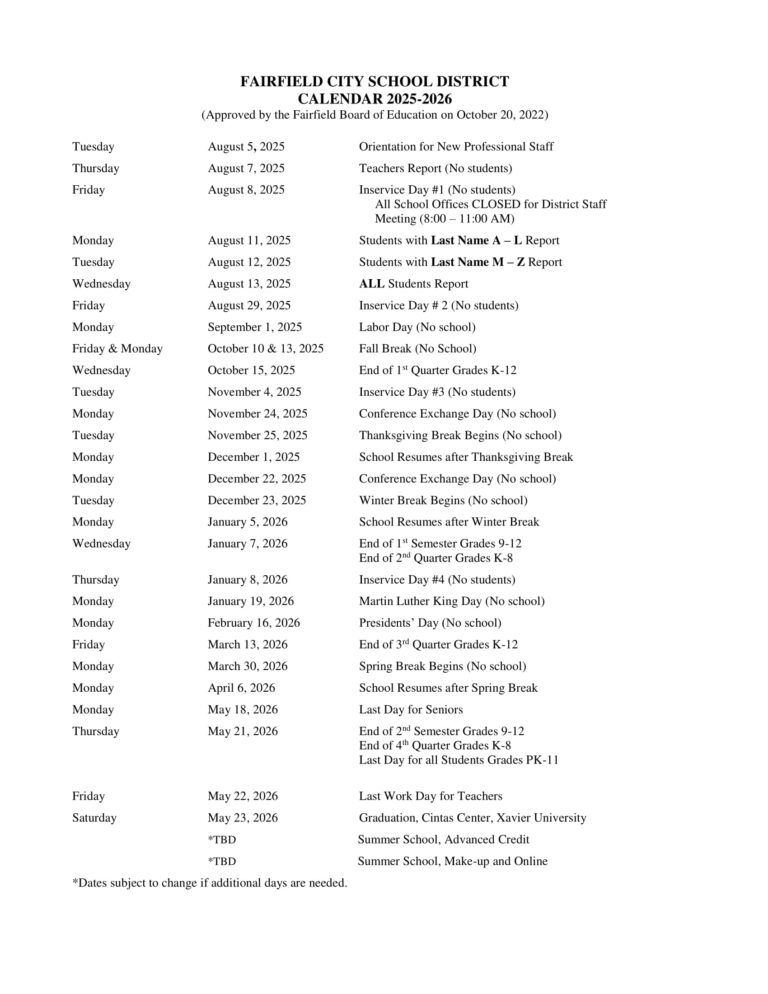 Fairfield City School District Calendar 2526 Revised EduCounty