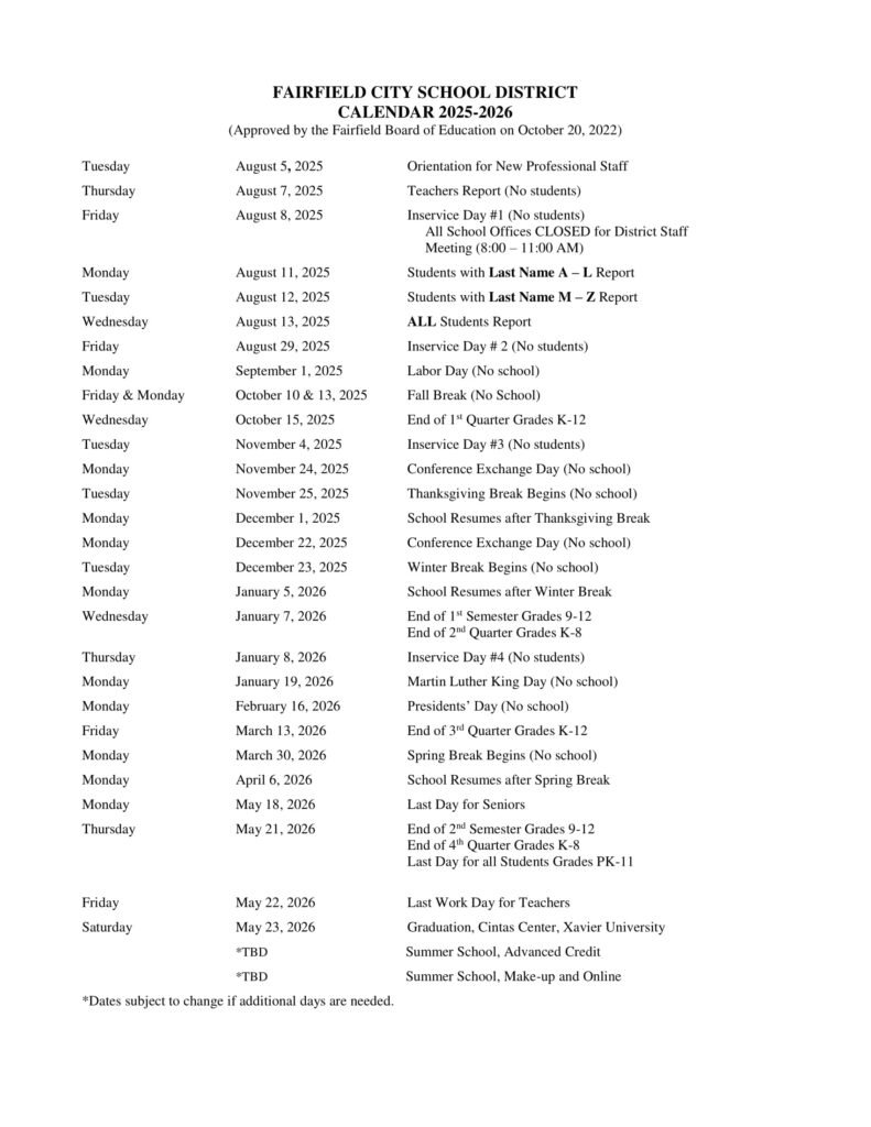 fairfield city school district calendar revised